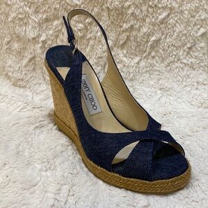 Jimmy Choo Amely 105 Slingback Cork Platform Wedge Sandals Denim Size 39.5